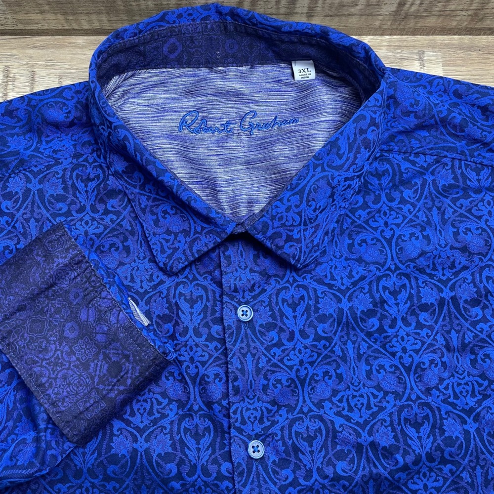 Robert Graham 3XL Men's Long Sleeve Button Down Shirt Blue Patterns Damask EUC‎